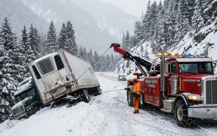 Heavy duty tow truck recovering a trailer in snowy conditions; infographic showing water depth hazards for vehicles.
