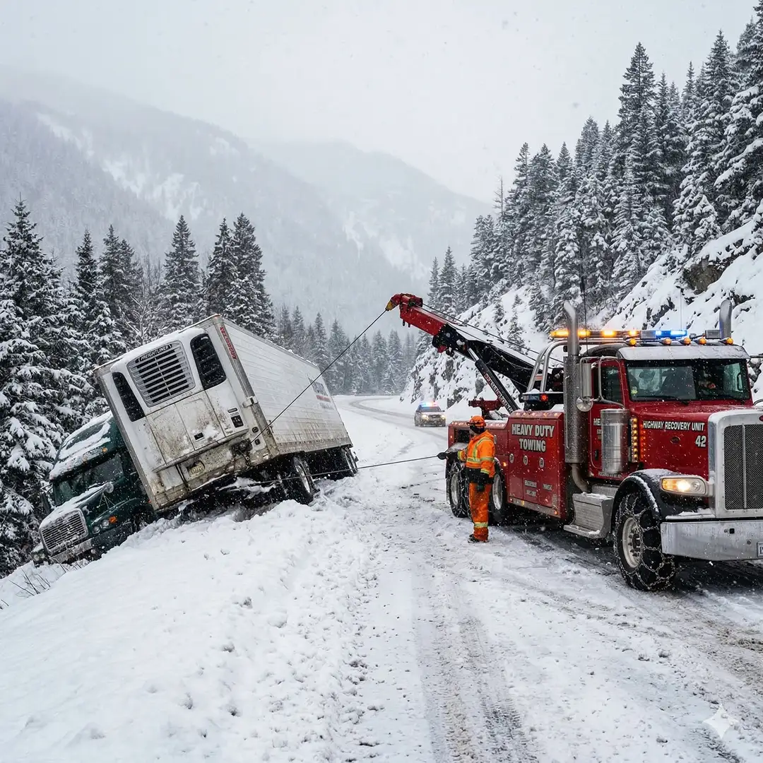 Heavy duty tow truck recovering a trailer in snowy conditions; infographic showing water depth hazards for vehicles.