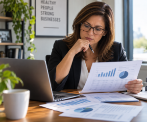 Small business owner reviewing health insurance renewal and claims data at a desk
